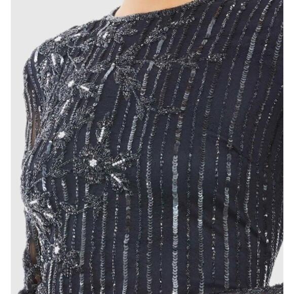 Mac Duggal 93626 Blue Size 12 Embellished Gown High Neck Illusion Long SleeveNWT - Picture 6 of 16